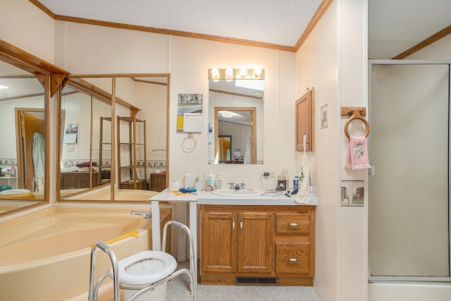 405 W Osborne Rd, Delton, MI 49046 - full bath with crown molding, a shower stall, a garden tub, vanity, and a textured ceiling