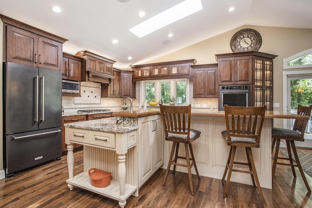 100 Alto Relievo Way, Marshall, MI 49068 - kitchen featuring stainless steel appliances, a skylight, vaulted ceiling, dark wood-style flooring, and a kitchen breakfast bar