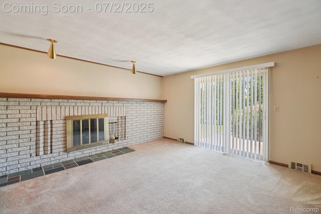 54829 Starlite Dr, Shelby Twp, MI 48316 - unfurnished living room with a brick fireplace and carpet floors