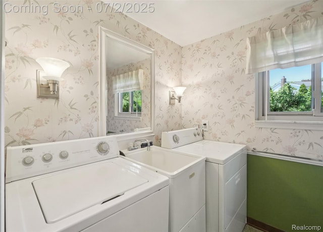54829 Starlite Dr, Shelby Twp, MI 48316 - washroom featuring washing machine and clothes dryer and wallpapered walls