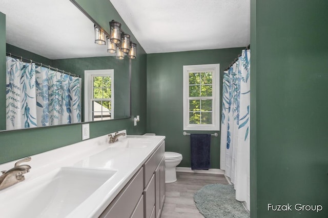 3268 Michele Ln, Hamilton, MI 49419 - full bathroom with double vanity, healthy amount of natural light, wood finished floors, and a shower with curtain