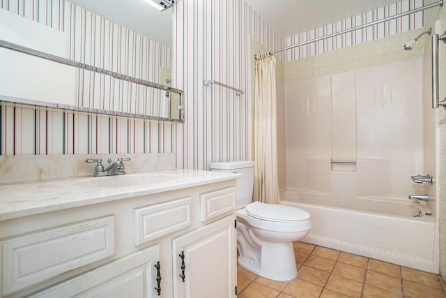 3841 Greenleaf Cir, Kalamazoo, MI 49008 - bathroom with shower / tub combo with curtain, vanity, wallpapered walls, and tile patterned floors