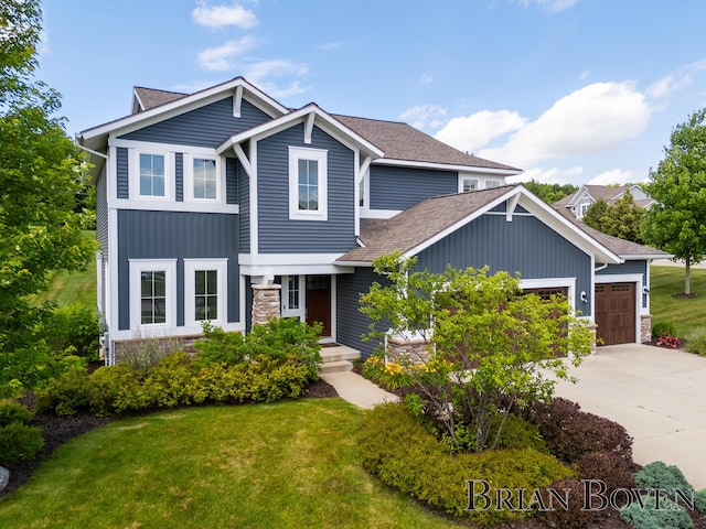 9633 Waterstone Dr, Byron Center, MI 49315 - view of front facade with board and batten siding, stone siding, an attached garage, a shingled roof, and a front lawn