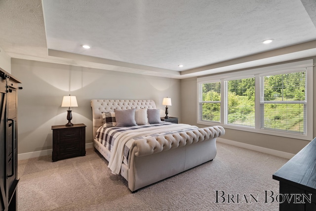 9633 Waterstone Dr, Byron Center, MI 49315 - bedroom with a textured ceiling, a tray ceiling, a barn door, carpet, and recessed lighting