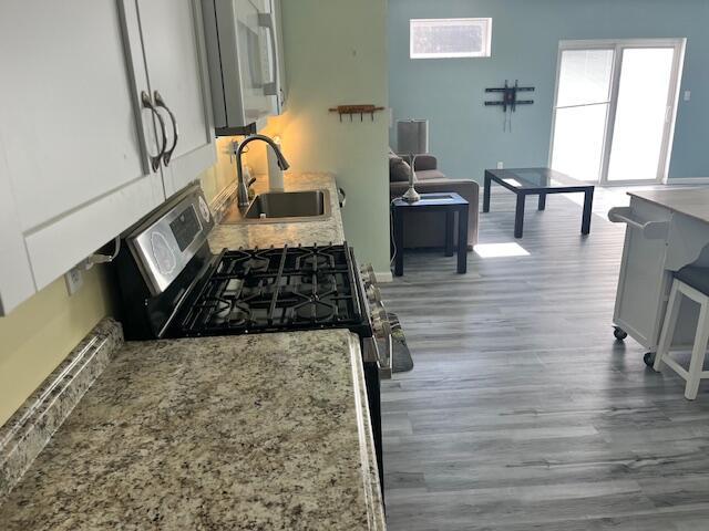 4969 N Highbridge Rd, Brethren, MI 49619 - kitchen featuring stainless steel gas stove, wood finished floors, and light stone countertops