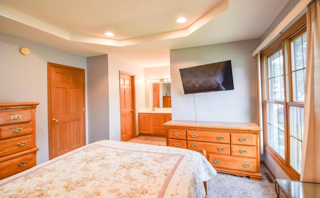 215 W State St, Coldwater, MI 49036 - bedroom with light carpet, a tray ceiling, recessed lighting, and ensuite bath