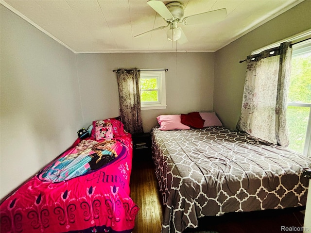 104 Park Ave, Yale, MI 48097 - bedroom with multiple windows, hardwood / wood-style floors, ornamental molding, and a ceiling fan