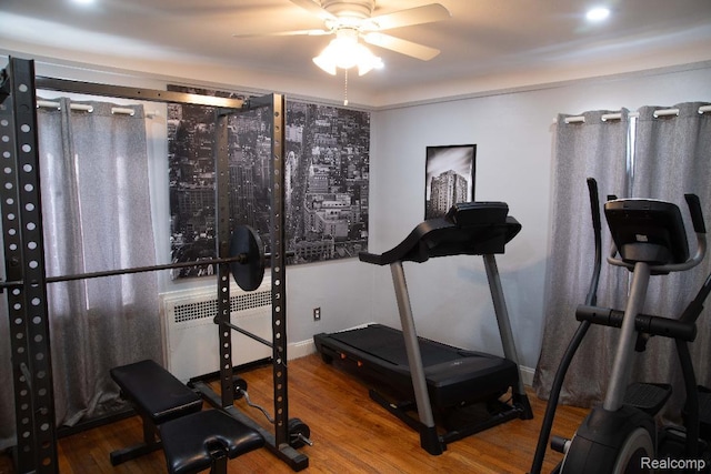 17417 San Juan Dr, Detroit, MI 48221 - workout area featuring radiator heating unit, ceiling fan, and wood finished floors