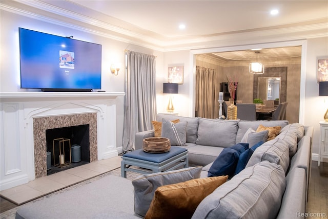 17417 San Juan Dr, Detroit, MI 48221 - living room featuring ornamental molding, a tile fireplace, and recessed lighting