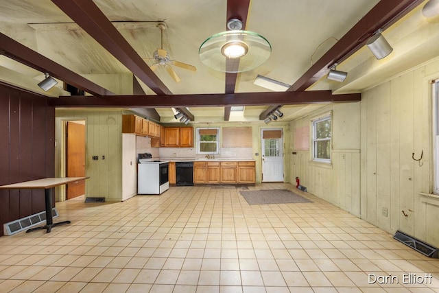 7985 Island View Dr, Newaygo, MI 49337 - kitchen featuring white range with electric cooktop, beamed ceiling, light countertops, black dishwasher, and ceiling fan