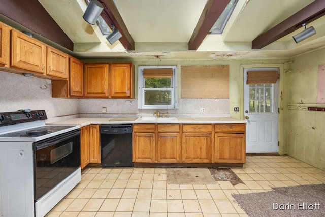 7985 Island View Dr, Newaygo, MI 49337 - kitchen with dishwasher, white range with electric stovetop, beamed ceiling, light countertops, and light tile patterned floors