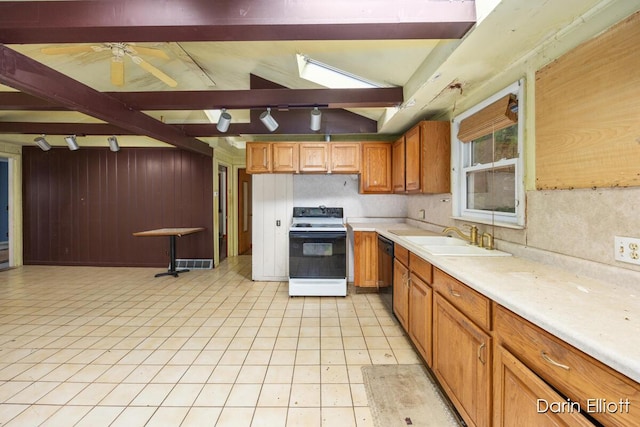 7985 Island View Dr, Newaygo, MI 49337 - kitchen featuring white range with electric cooktop, light countertops, brown cabinetry, black dishwasher, and a ceiling fan