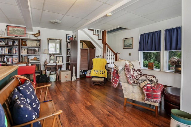 68534 Hill St, Sturgis, MI 49091 - living area with wood finished floors, stairs, and a drop ceiling