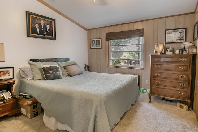 68534 Hill St, Sturgis, MI 49091 - bedroom featuring ornamental molding, light colored carpet, wooden walls, and lofted ceiling