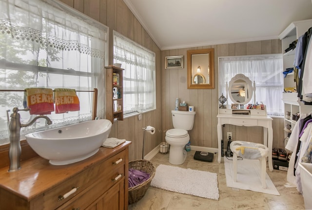 68534 Hill St, Sturgis, MI 49091 - bathroom with ornamental molding, vanity, lofted ceiling, and wooden walls