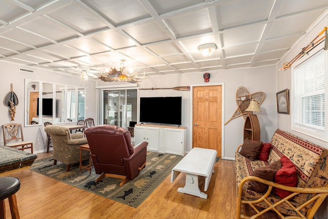 210 Oak Grove Dr, Brooklyn, MI 49230 - living area featuring wood finished floors, coffered ceiling, and ceiling fan