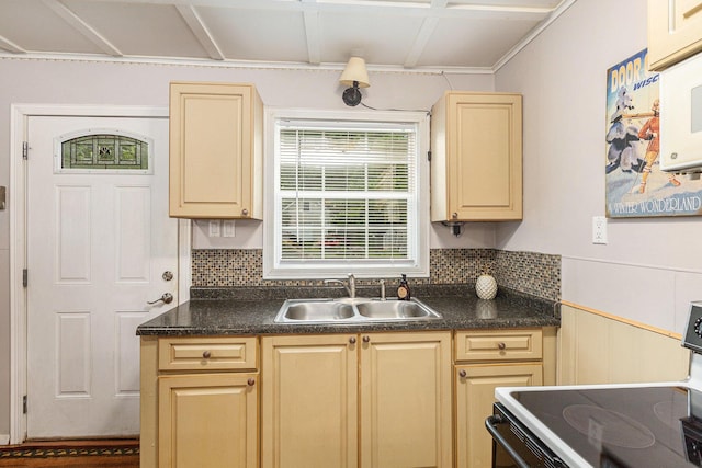 210 Oak Grove Dr, Brooklyn, MI 49230 - kitchen featuring dark countertops, electric range oven, backsplash, and ornamental molding