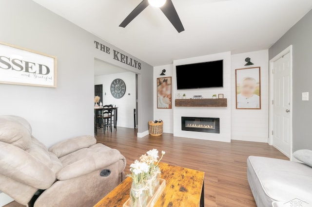 14079 Elms Rd, Montrose, MI 48457 - living room featuring a ceiling fan, wood finished floors, and a glass covered fireplace