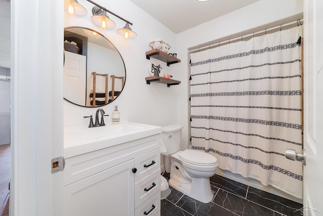 14079 Elms Rd, Montrose, MI 48457 - bathroom with marble finish floors, vanity, and a shower with shower curtain