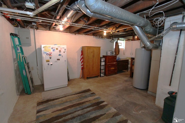 6257 E Dunbar Rd, Monroe, MI 48161 - basement with freestanding refrigerator, gas water heater, and electric panel