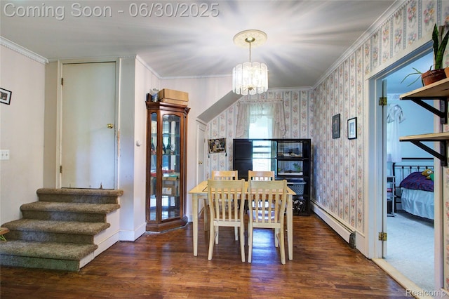 3092 Dillon Rd, Flushing, MI 48433 - dining space with wallpapered walls, baseboard heating, a chandelier, wood finished floors, and crown molding
