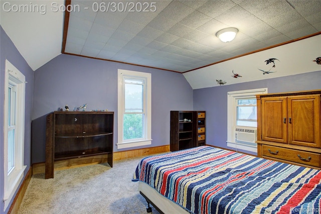 3092 Dillon Rd, Flushing, MI 48433 - bedroom with vaulted ceiling, cooling unit, and light colored carpet