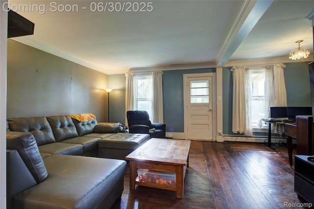 3092 Dillon Rd, Flushing, MI 48433 - living room featuring ornamental molding, hardwood / wood-style flooring, baseboard heating, and a chandelier