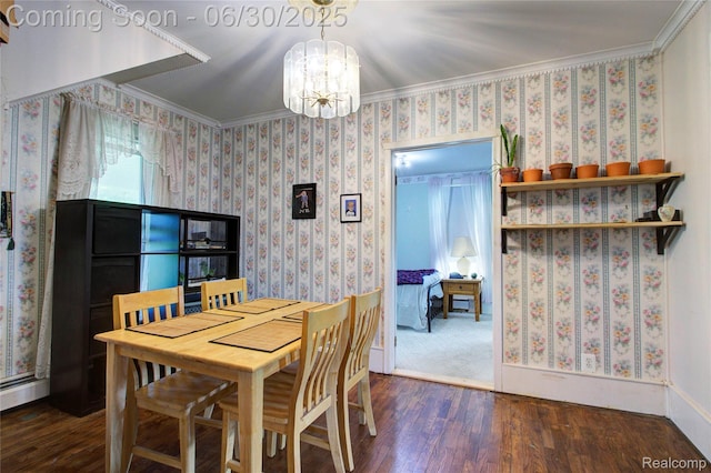 3092 Dillon Rd, Flushing, MI 48433 - dining room featuring wood finished floors, a chandelier, ornamental molding, and wallpapered walls