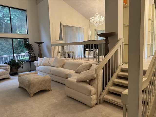 28902 Creek Bend Dr, Farmington Hills, MI 48331 - carpeted living area with a chandelier and high vaulted ceiling
