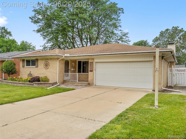 29553 Pinto Dr, Warren, MI 48093 - single story home with an attached garage, brick siding, a chimney, concrete driveway, and a porch