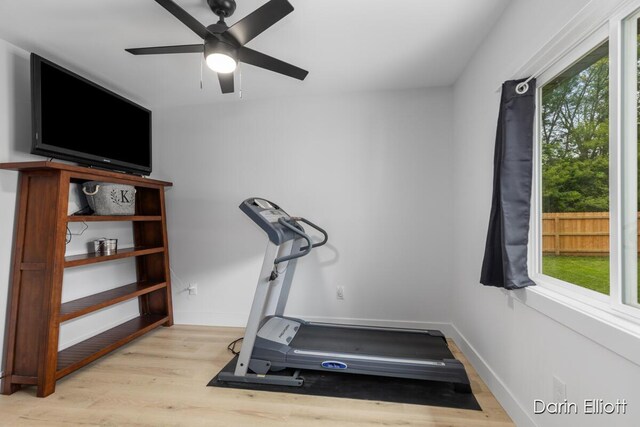 412 S Woodworth St, Corunna, MI 48817 - workout room featuring wood finished floors and a ceiling fan
