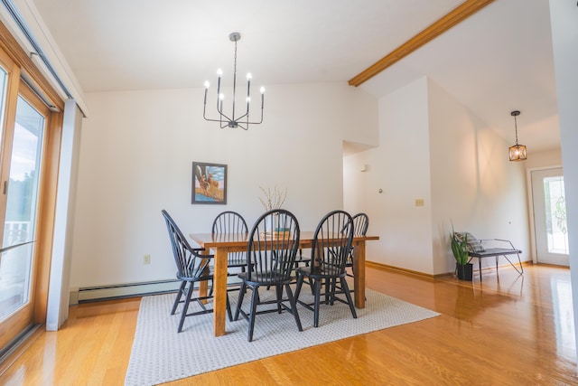 1684 W W County Line Rd, Sand Lake, MI 49343 - dining area with baseboard heating, a chandelier, wood finished floors, beamed ceiling, and high vaulted ceiling