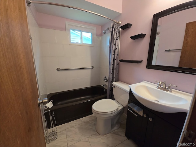 22024 Lester St, Clinton Township, MI 48035 - bathroom featuring shower / bath combo with shower curtain, marble look tiles, and vanity
