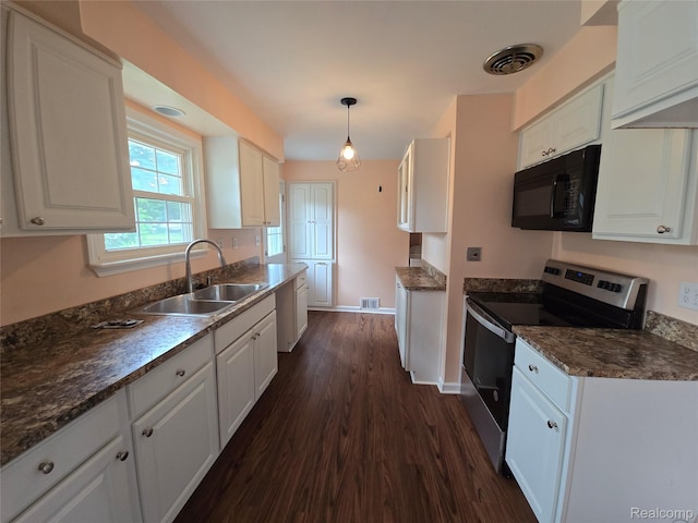 22024 Lester St, Clinton Township, MI 48035 - kitchen with stainless steel range with electric stovetop, black microwave, dark wood-type flooring, and white cabinets
