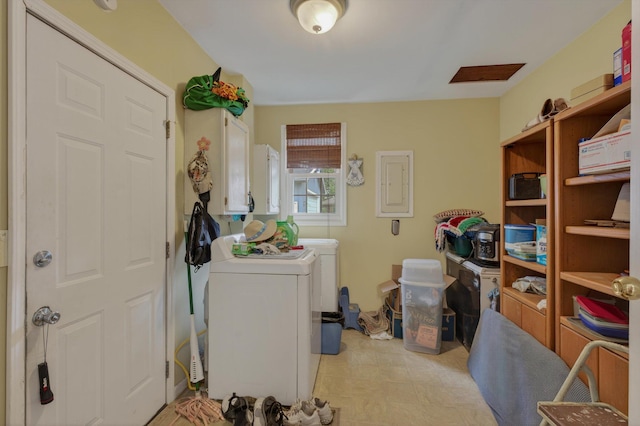 70661 Dennis Dr, Niles, MI 49120 - laundry area with electric panel and washer and clothes dryer