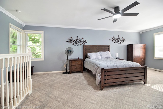5885 Rockcroft Blvd, Clarkston, MI 48346 - bedroom featuring carpet floors, multiple windows, crown molding, and a ceiling fan