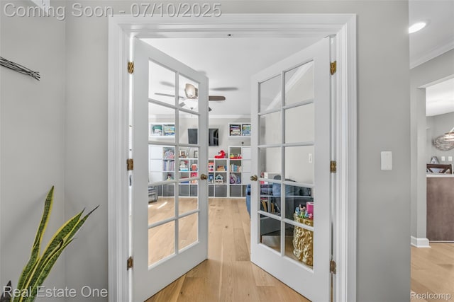 21653 Heatheridge Ln, Northville, MI 48167 - doorway to outside with ornamental molding, a ceiling fan, wood finished floors, and french doors
