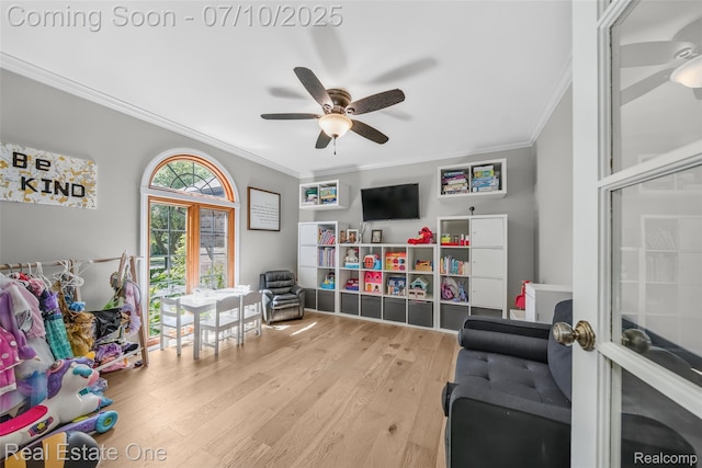 21653 Heatheridge Ln, Northville, MI 48167 - sitting room with crown molding, a ceiling fan, and wood finished floors