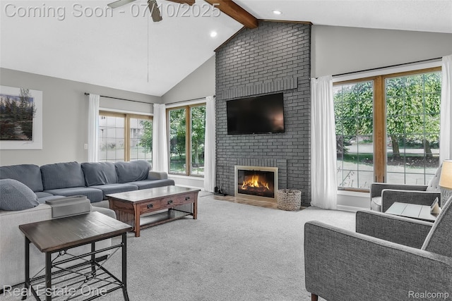 21653 Heatheridge Ln, Northville, MI 48167 - living room featuring carpet, beamed ceiling, a fireplace, healthy amount of natural light, and recessed lighting