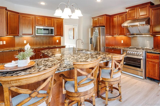 50042 Black Horse Ln, Canton, MI 48188 - kitchen with stainless steel appliances, exhaust hood, backsplash, dark stone countertops, and a chandelier