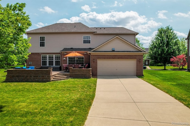 50042 Black Horse Ln, Canton, MI 48188 - view of front facade with an outdoor living space, a front yard, brick siding, concrete driveway, and an attached garage