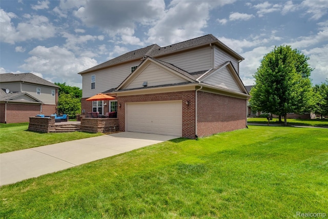 50042 Black Horse Ln, Canton, MI 48188 - traditional-style house with outdoor lounge area, brick siding, a front lawn, a garage, and driveway