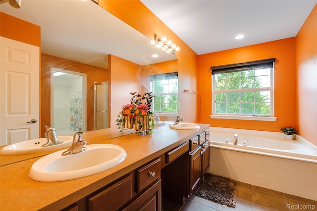 50042 Black Horse Ln, Canton, MI 48188 - full bath featuring double vanity, a garden tub, tile patterned flooring, and recessed lighting