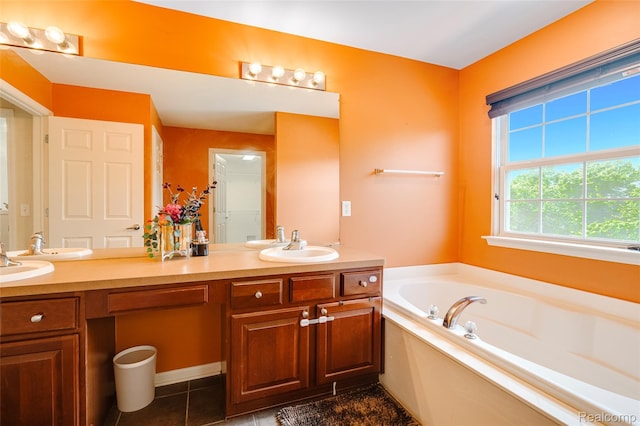 50042 Black Horse Ln, Canton, MI 48188 - bathroom with double vanity, a garden tub, and tile patterned floors