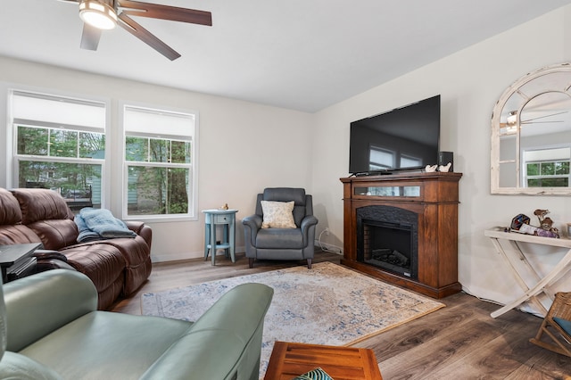 08311 W Shore Dr, Grand Junction, MI 49056 - living area featuring wood finished floors, a fireplace, and a ceiling fan