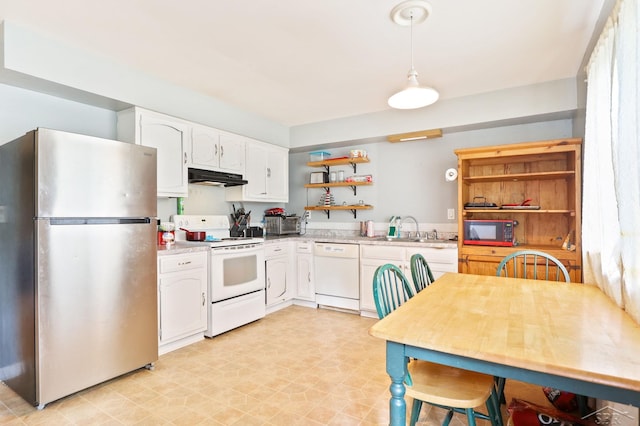 12821 Cimarron Dr, Birch Run, MI 48415 - kitchen with white appliances, open shelves, under cabinet range hood, white cabinets, and light countertops