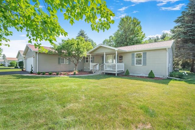 7900 Sunset Shores Dr, Canadian Lakes, MI 49346 - ranch-style house featuring a porch, a front lawn, and a garage