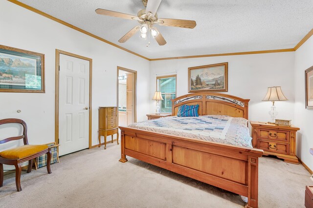 7900 Sunset Shores Dr, Canadian Lakes, MI 49346 - bedroom featuring light carpet, crown molding, a textured ceiling, a ceiling fan, and ensuite bathroom