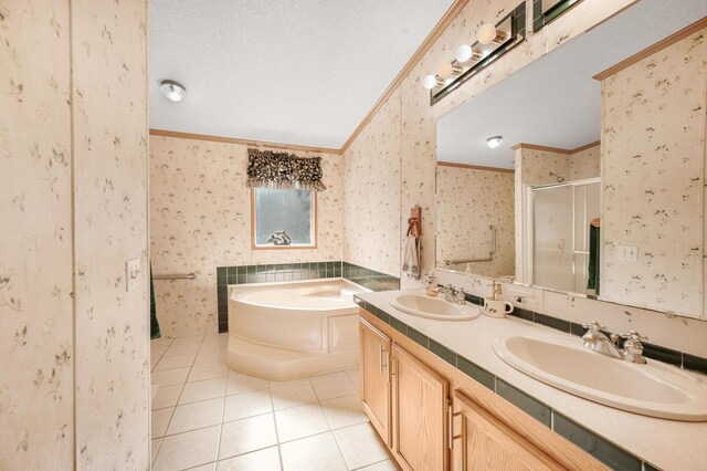 7900 Sunset Shores Dr, Canadian Lakes, MI 49346 - bathroom featuring ornamental molding, wallpapered walls, tile patterned floors, a stall shower, and a garden tub
