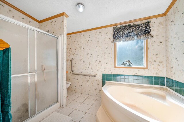 7900 Sunset Shores Dr, Canadian Lakes, MI 49346 - bathroom featuring ornamental molding, wallpapered walls, a garden tub, a stall shower, and tile patterned floors